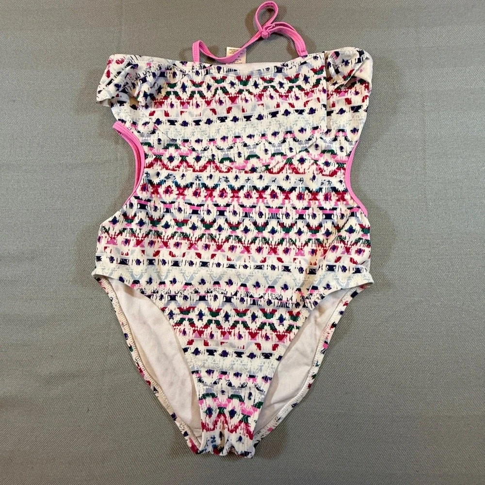 Tommy Bahama Girls Pink Geometric Ruffle Halter One Piece Swimsuit Size 16 2015